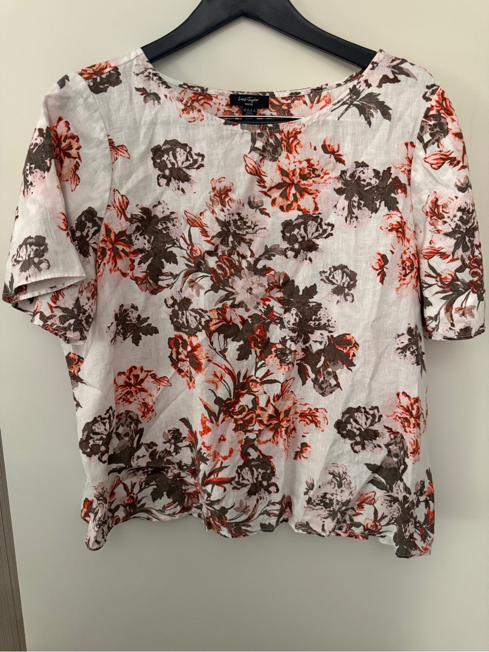 Lord & Taylor Petite XL 100% Linen Floral Blouse White Orange Brown Cottagecore